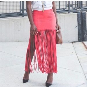 h&m x coachella collab - red suede fringe skirt - size 12
